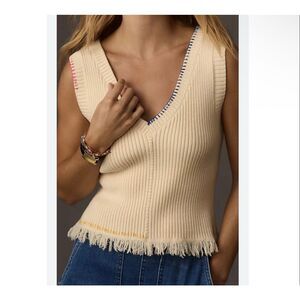 By Anthropologie Sweater Vest Top Women XL Cream V-Neck Fringe Stitch Tank Shirt